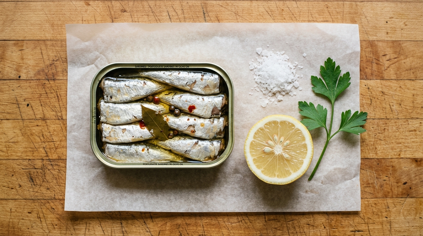 Open sardine tin on butcher block with lemon and sea salt overhead view
