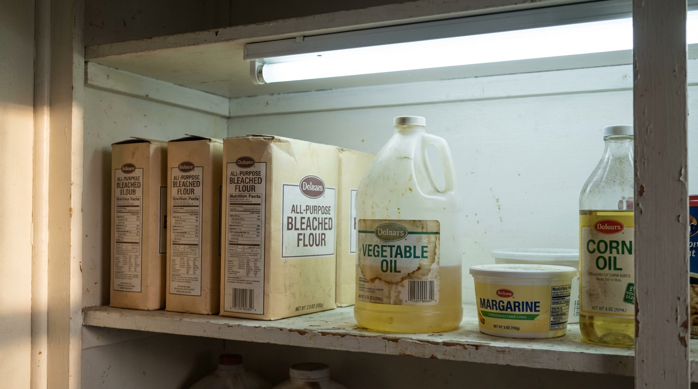 Open pantry shelf with processed oils and bleached flour
