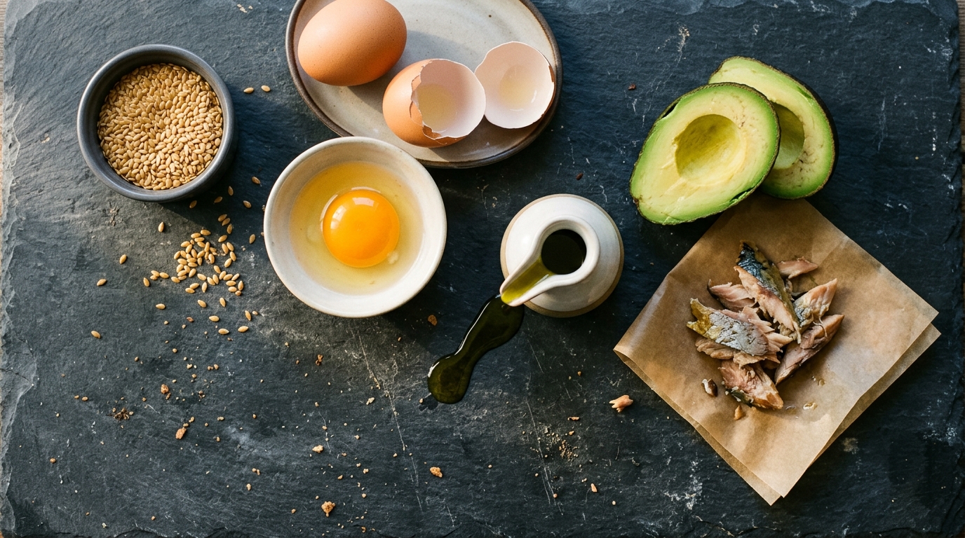 Overhead flat lay of flaxseeds eggs olive oil avocado and mackerel on dark slate
