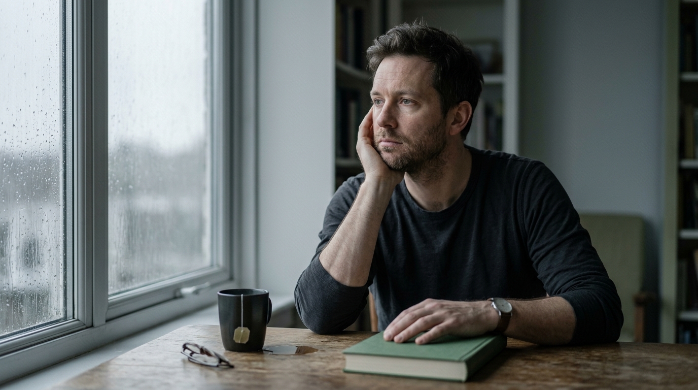 Man seated at desk in overcast afternoon light looking past window