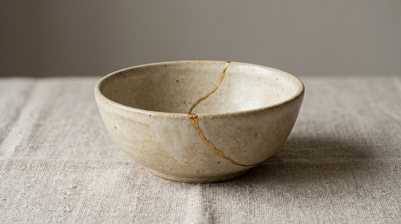 Ceramic bowl with gold kintsugi repair line on natural linen surface in soft light