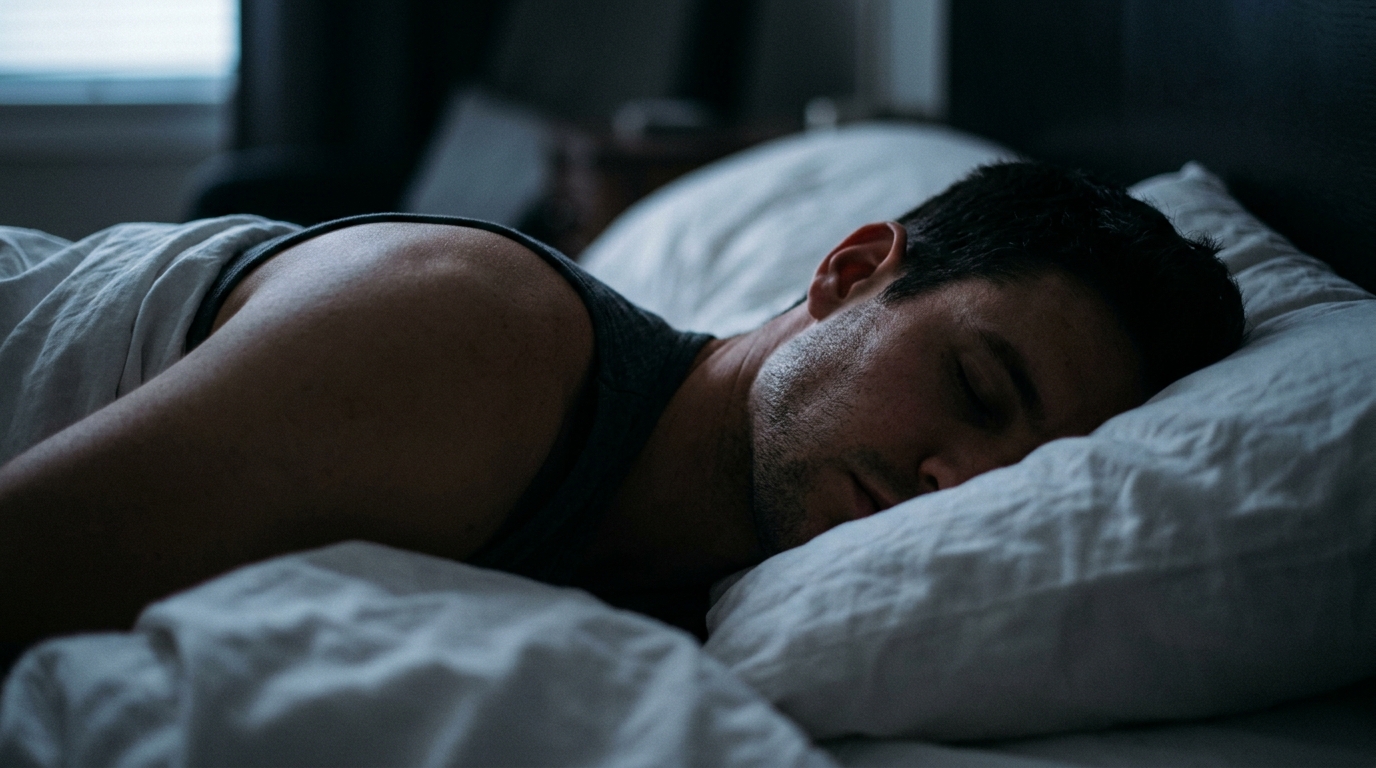 Man asleep on his side in dim blue light with white linen sheets