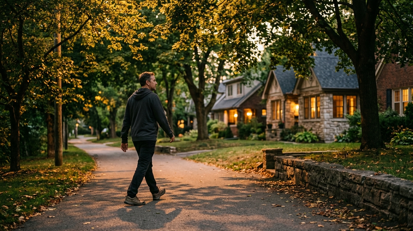 Man walking tree-lined path from behind in early evening golden hour light
