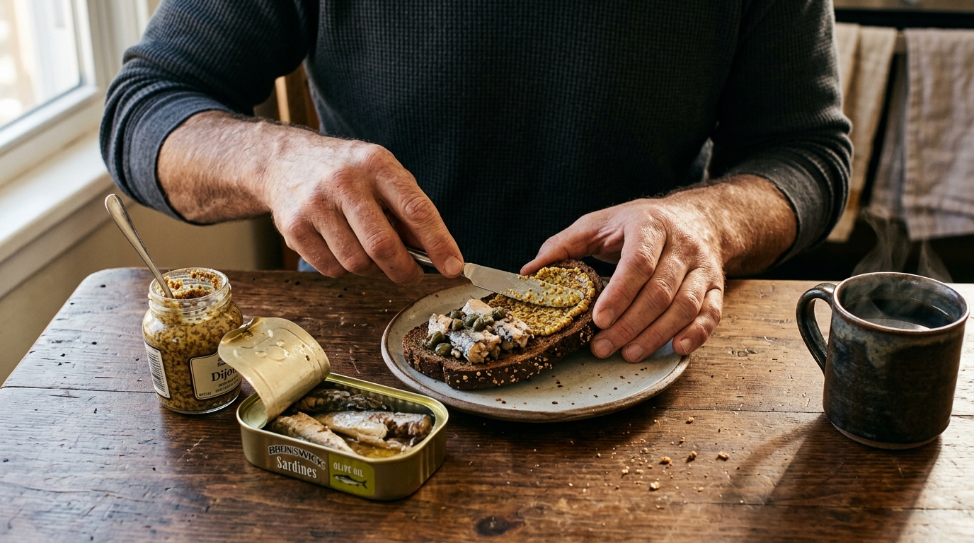 Mans hands preparing sardines on toast at a wooden table in morning light