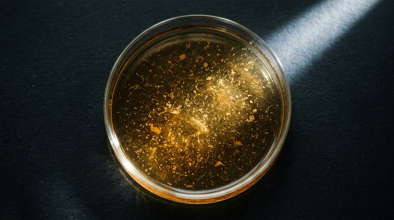 Overhead view of glass petri dish with amber liquid illuminated by a shaft of white light on black surface