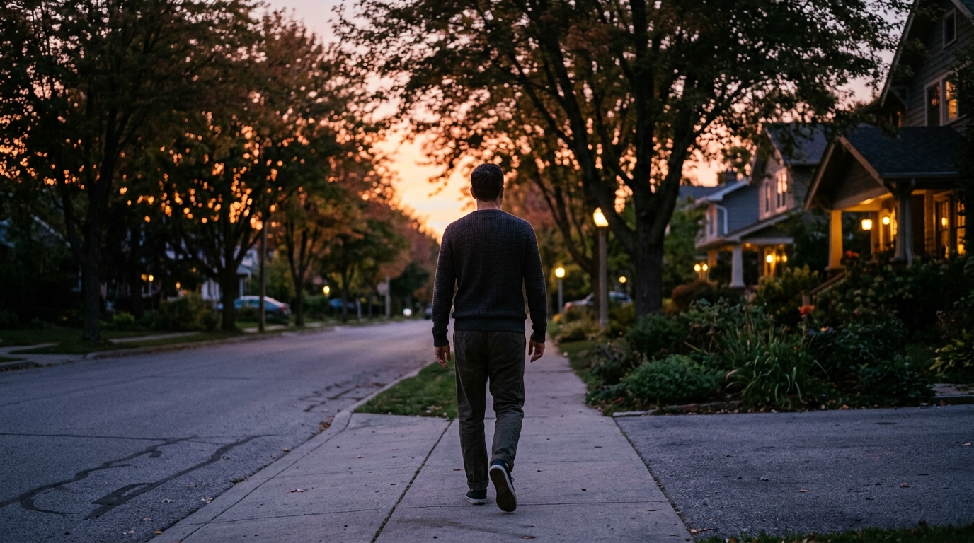 Man walking on quiet residential sidewalk at dusk with warm sunset light through trees