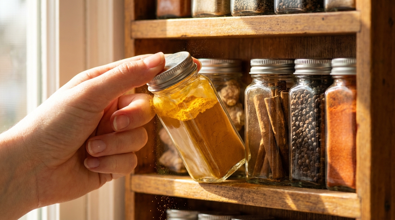 Hands selecting turmeric from a rebuilt wooden spice rack