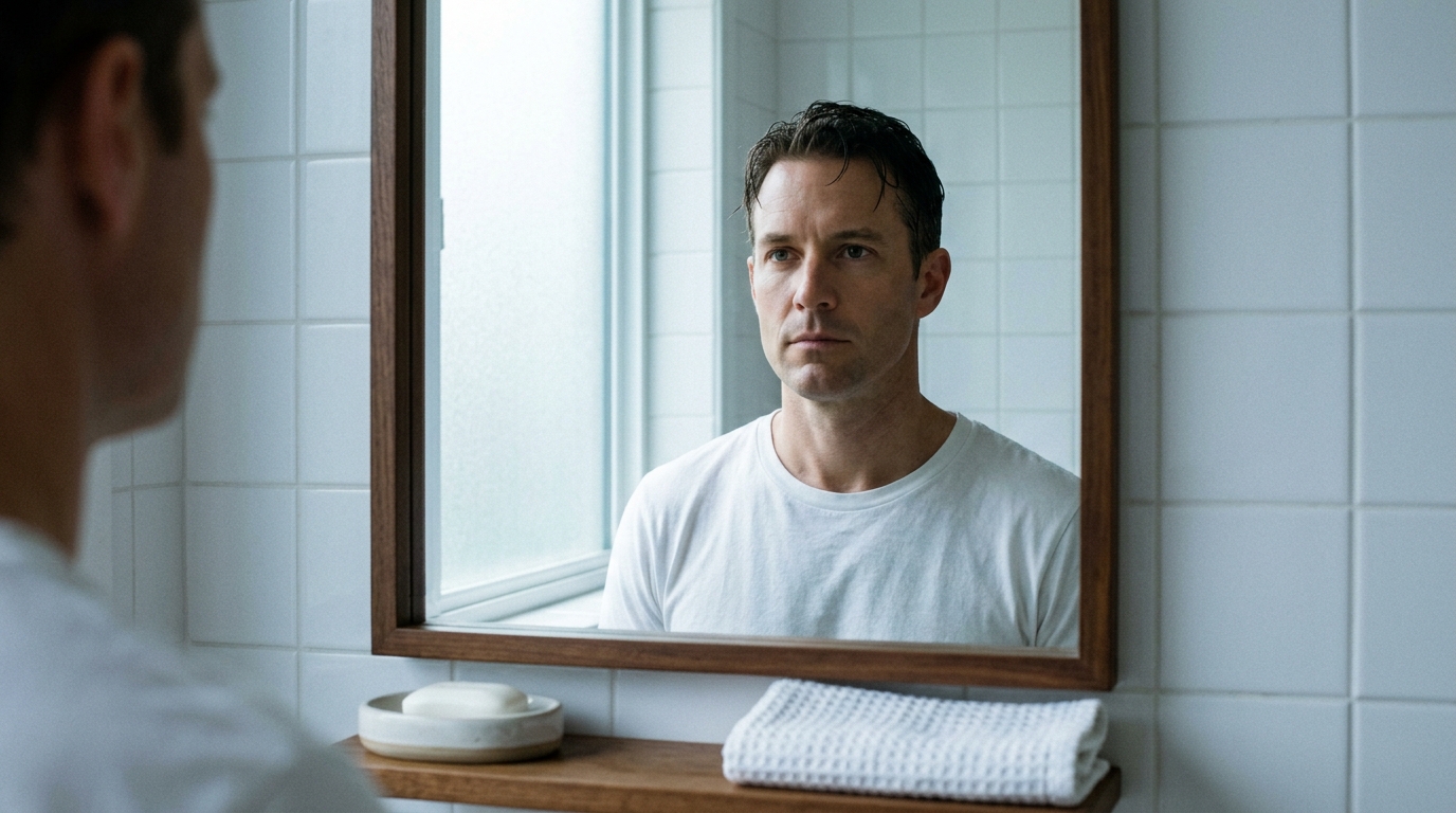 Man regarding his reflection in bathroom mirror in cool natural morning light
