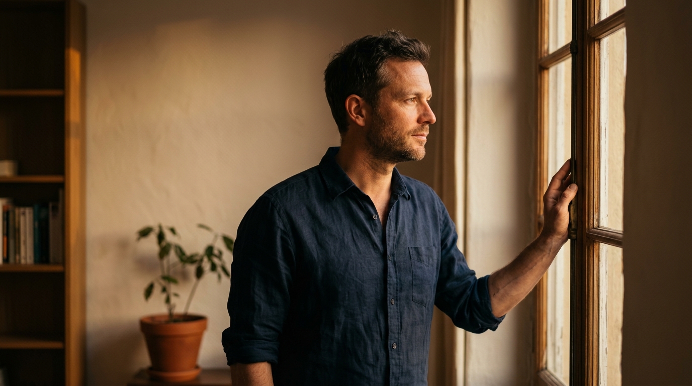 Man standing near tall window in golden evening light one hand on frame