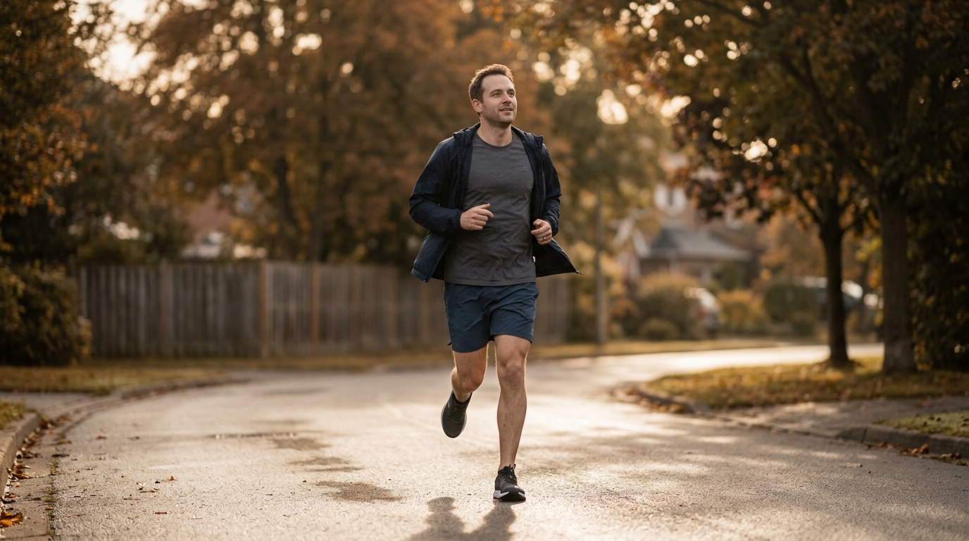 Man running at easy pace on quiet residential path in early golden light