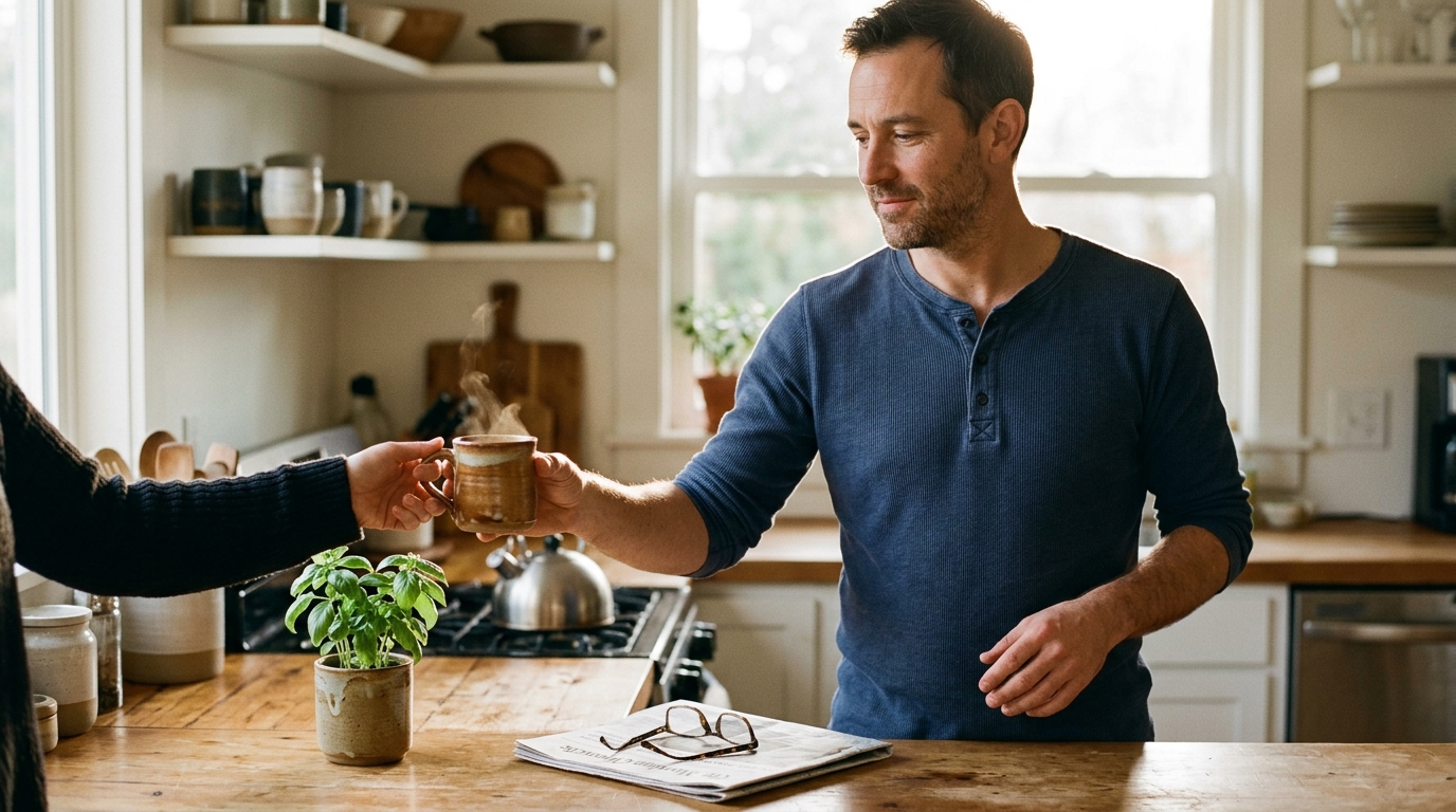 Man receiving ceramic mug of tea at kitchen counter in warm morning backlight