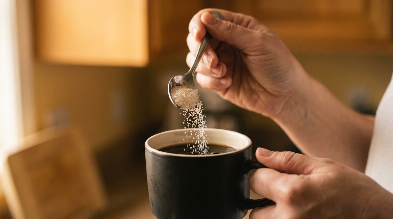 Hand pouring sugar into coffee mug in soft morning light