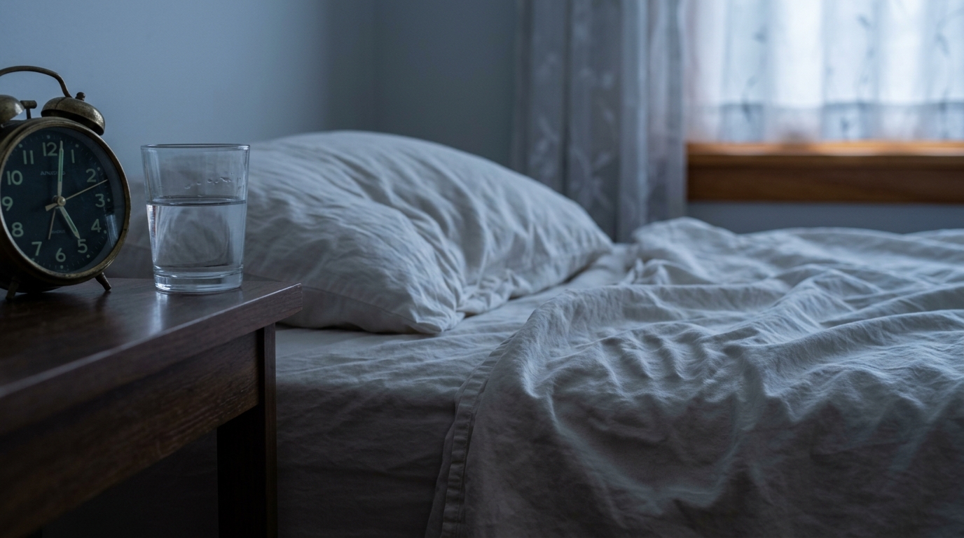 Rumpled bedsheets and a hand impression in cool pre-dawn light beside an alarm clock