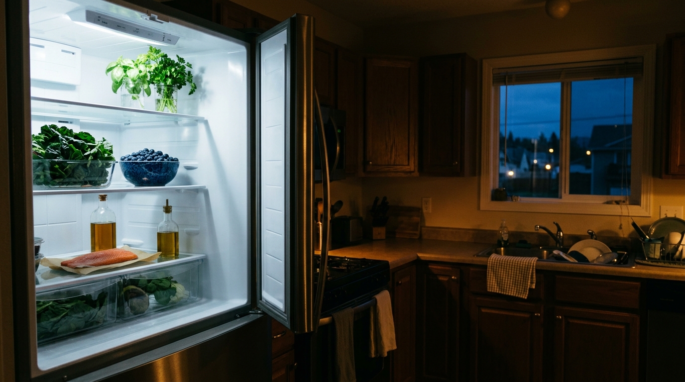 An open refrigerator filled with pristine anti-inflammatory foods glowing against a dim kitchen