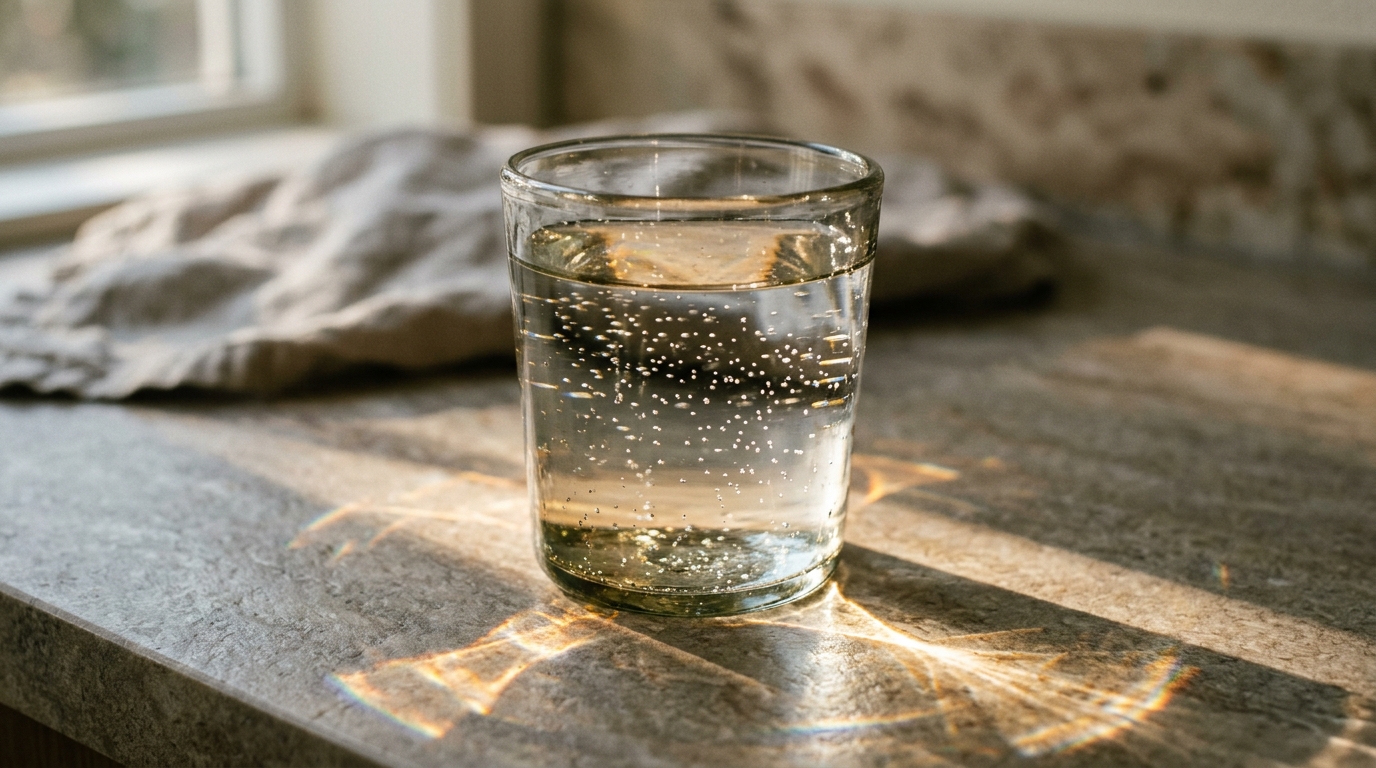 Light refracting through a glass of water on a stone countertop creating warm prismatic patterns