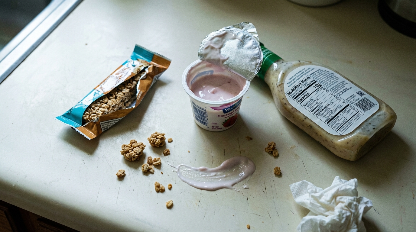 Overhead view of granola yogurt and dressing with nutrition labels visible