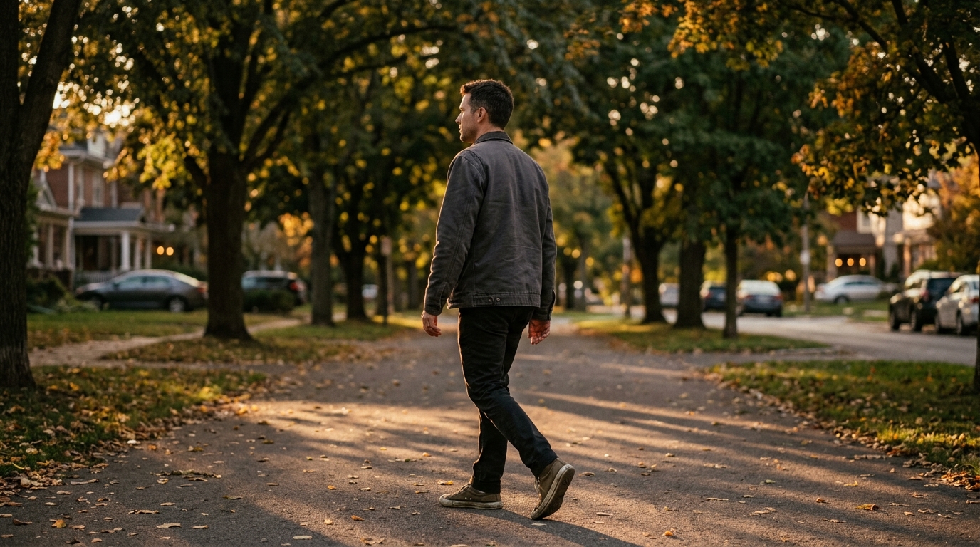A man walks along a tree-lined evening path in golden horizontal light with relaxed unhurried posture