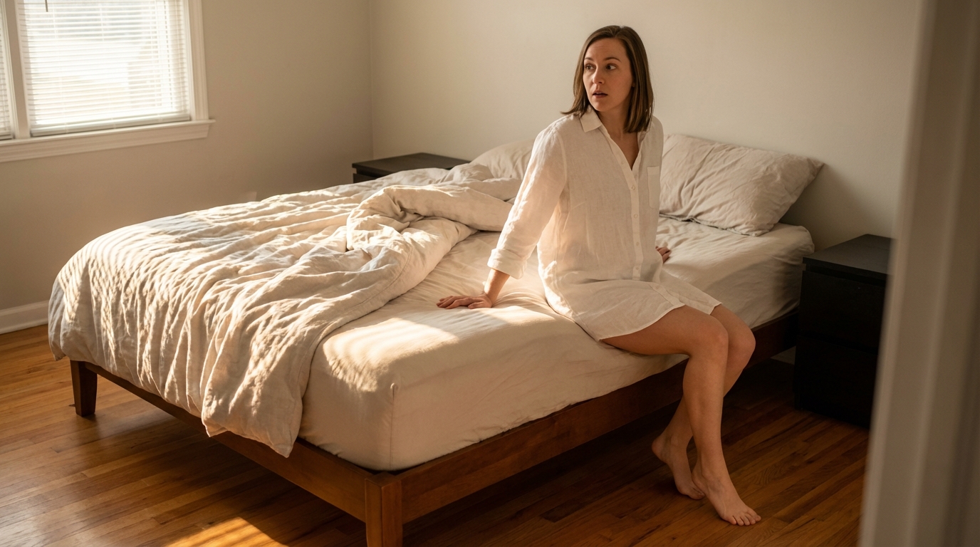 Woman sitting on bed edge about to stand in warm morning light