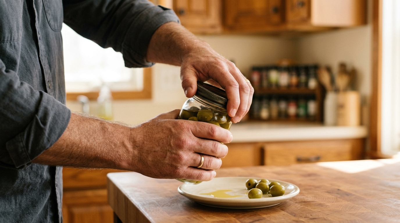 A man's hands casually twisting open a glass jar in warm late morning kitchen light