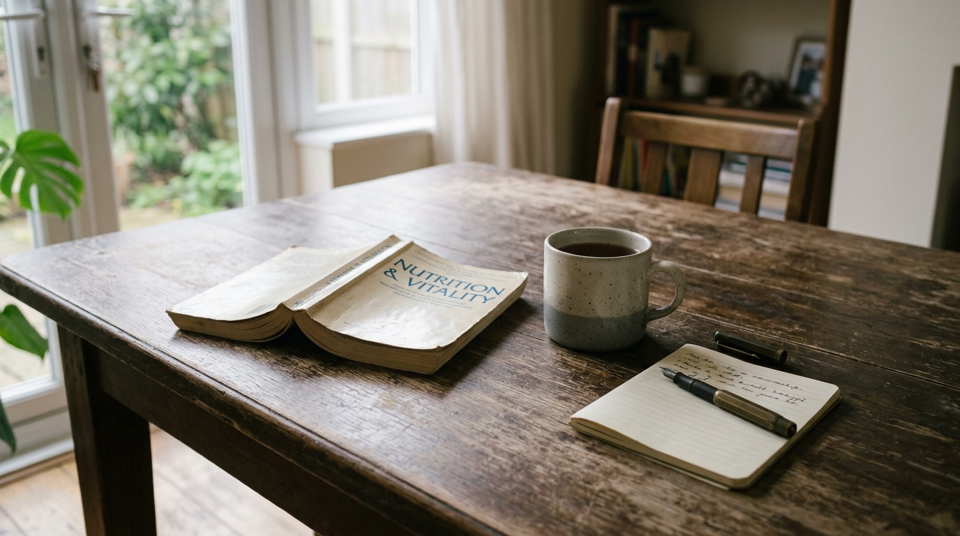 A nutrition book face-down on a dining table beside cold tea and an open notebook in overcast light