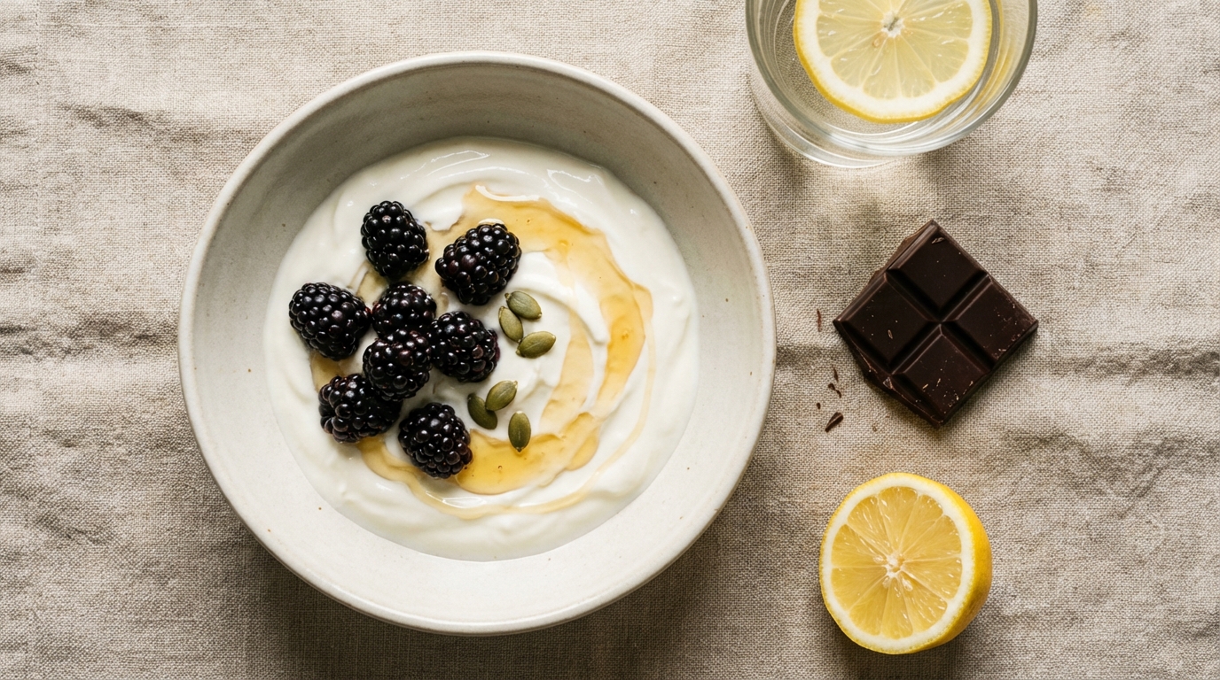 Overhead view of plain yogurt with berries seeds and dark chocolate