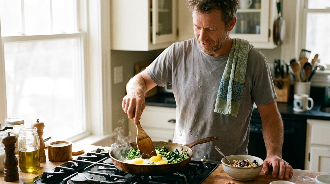 A man cooks eggs and greens at a sunlit stovetop with oats prepared nearby in an easy morning routine