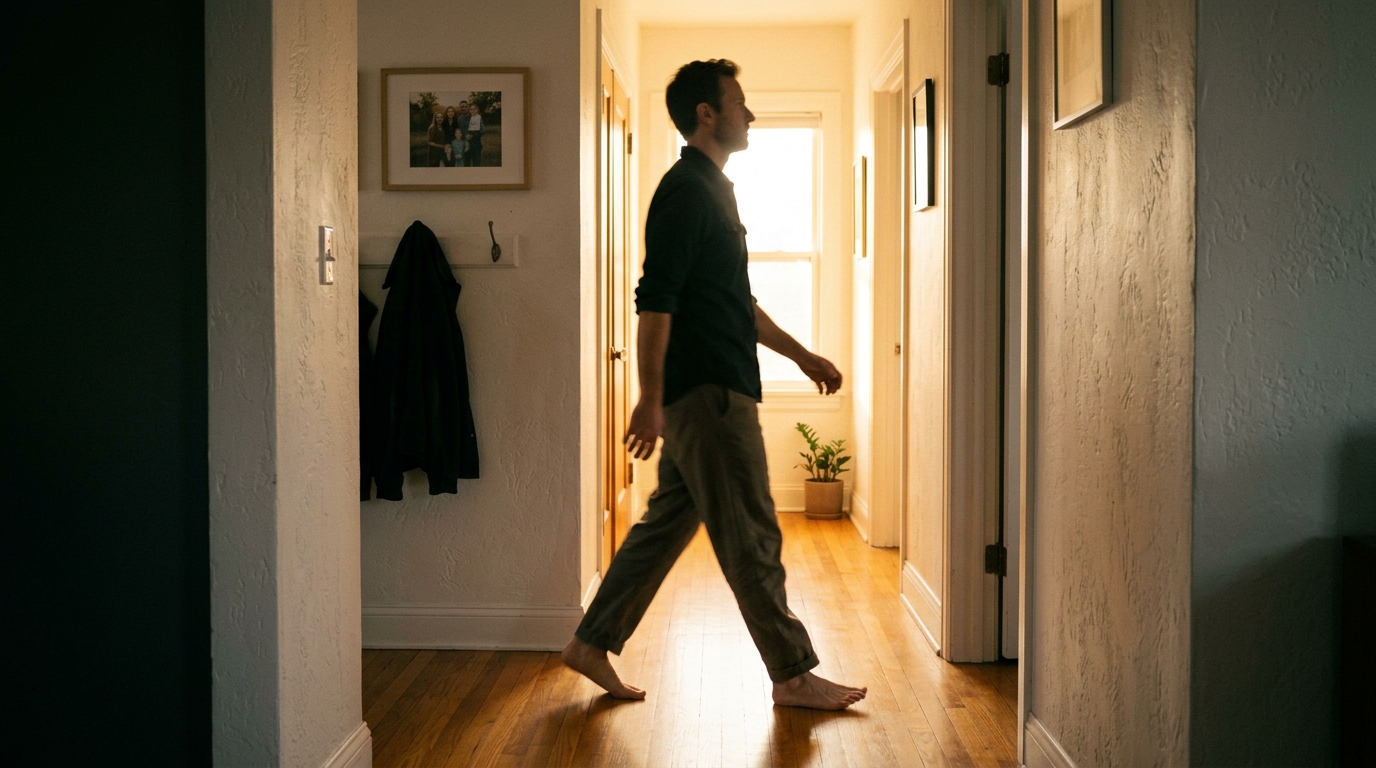 A man walks through a sunlit hallway barefoot with subtle motion blur conveying effortless fluid movement