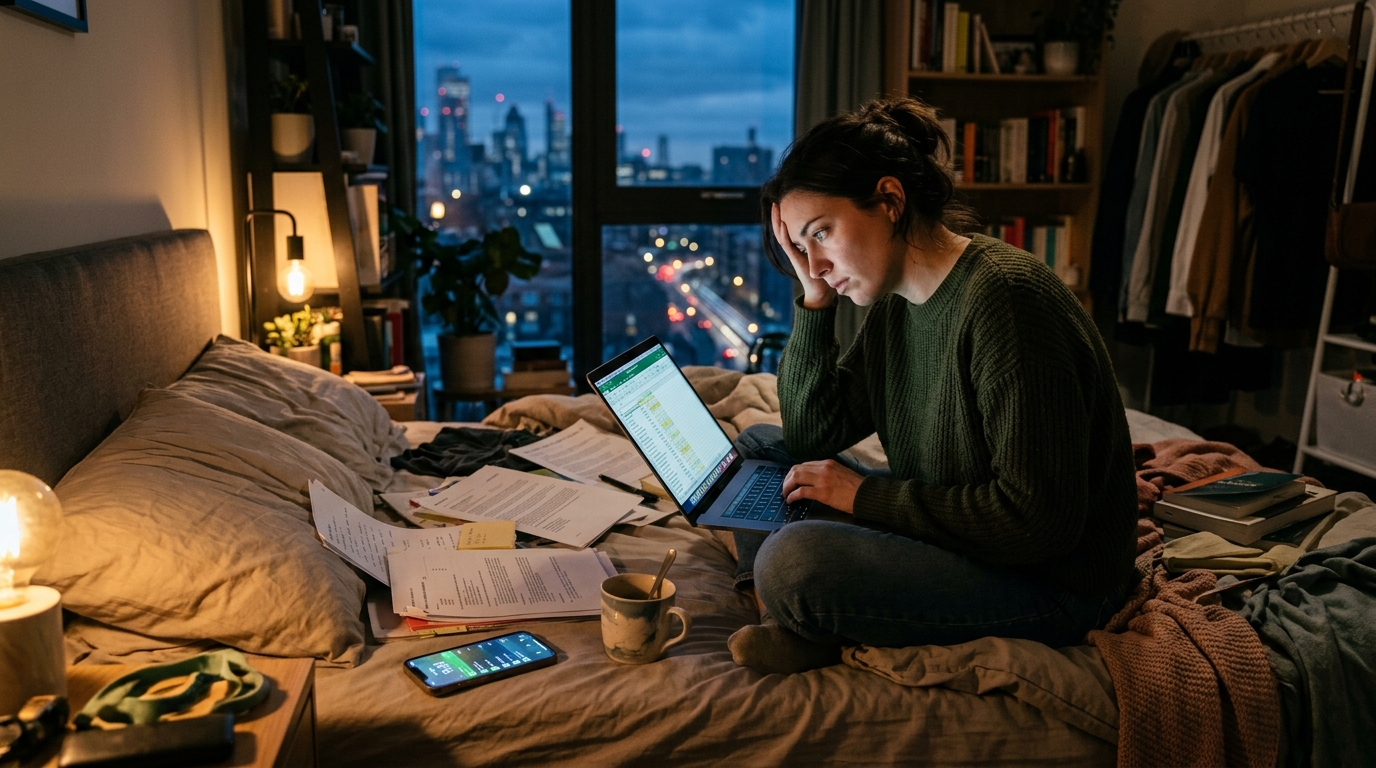 woman torn between work demands and need for rest