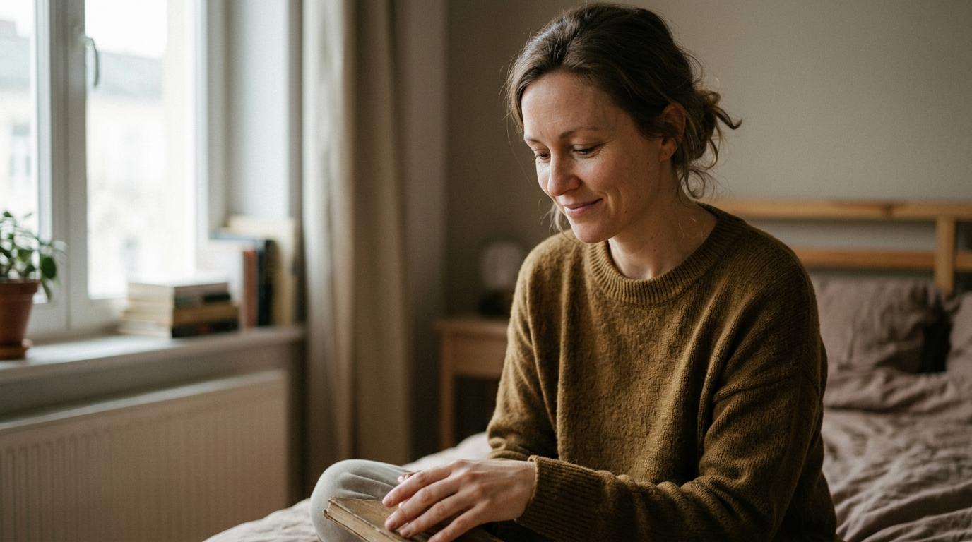 woman in peaceful self compassionate reflective moment