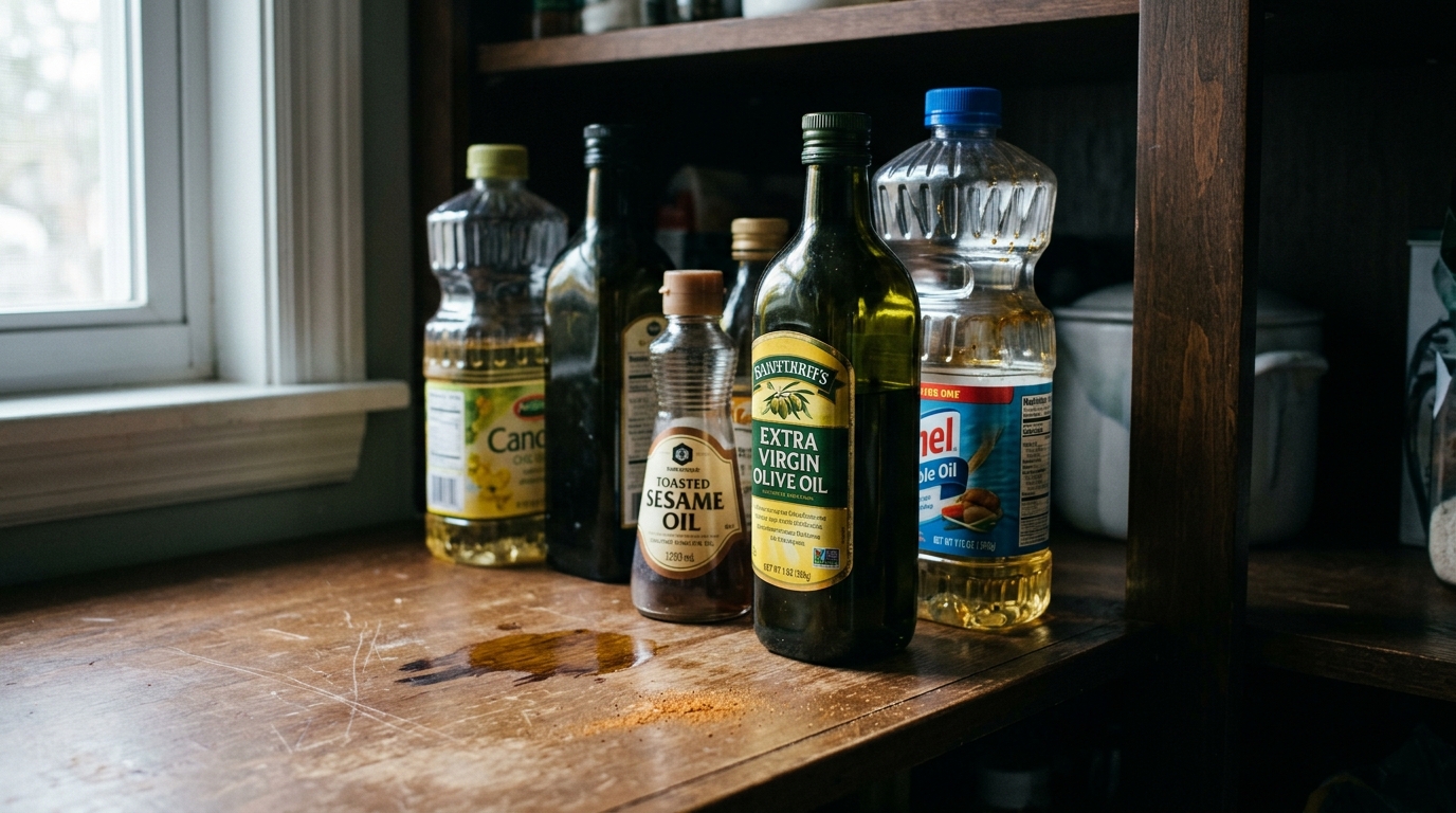 Cooking oil bottles on pantry shelf in natural daylight