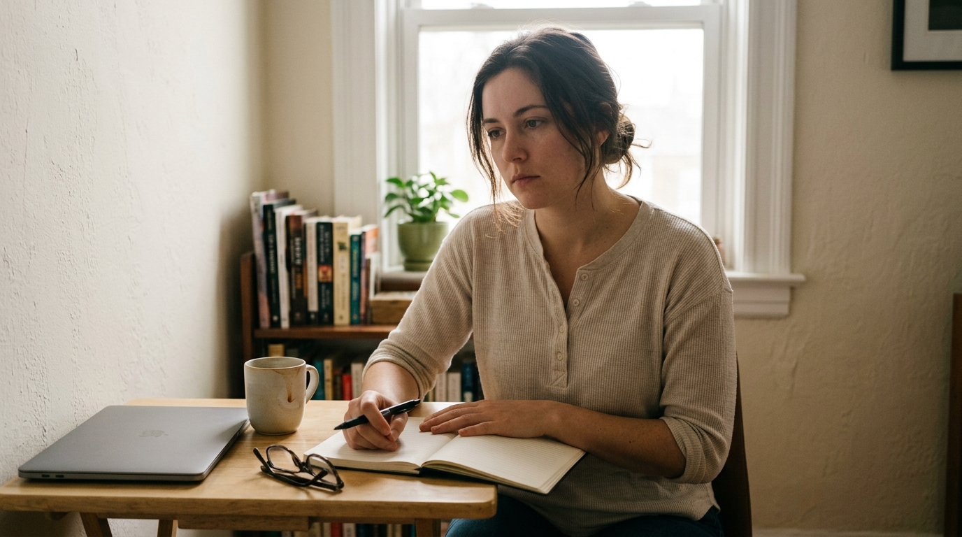Woman sitting at home desk unfocused in afternoon light