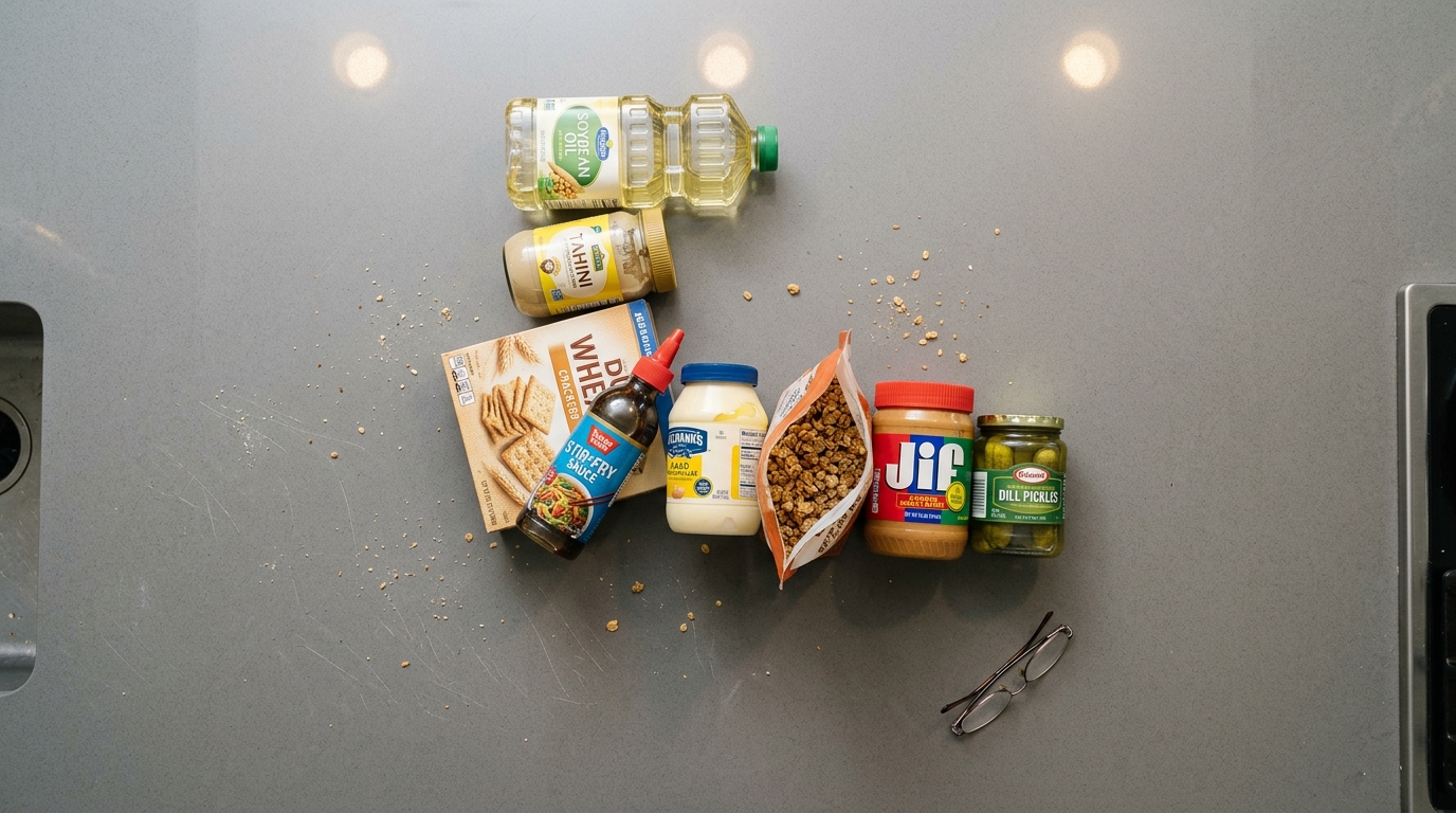 Kitchen items lined up on counter seen from overhead
