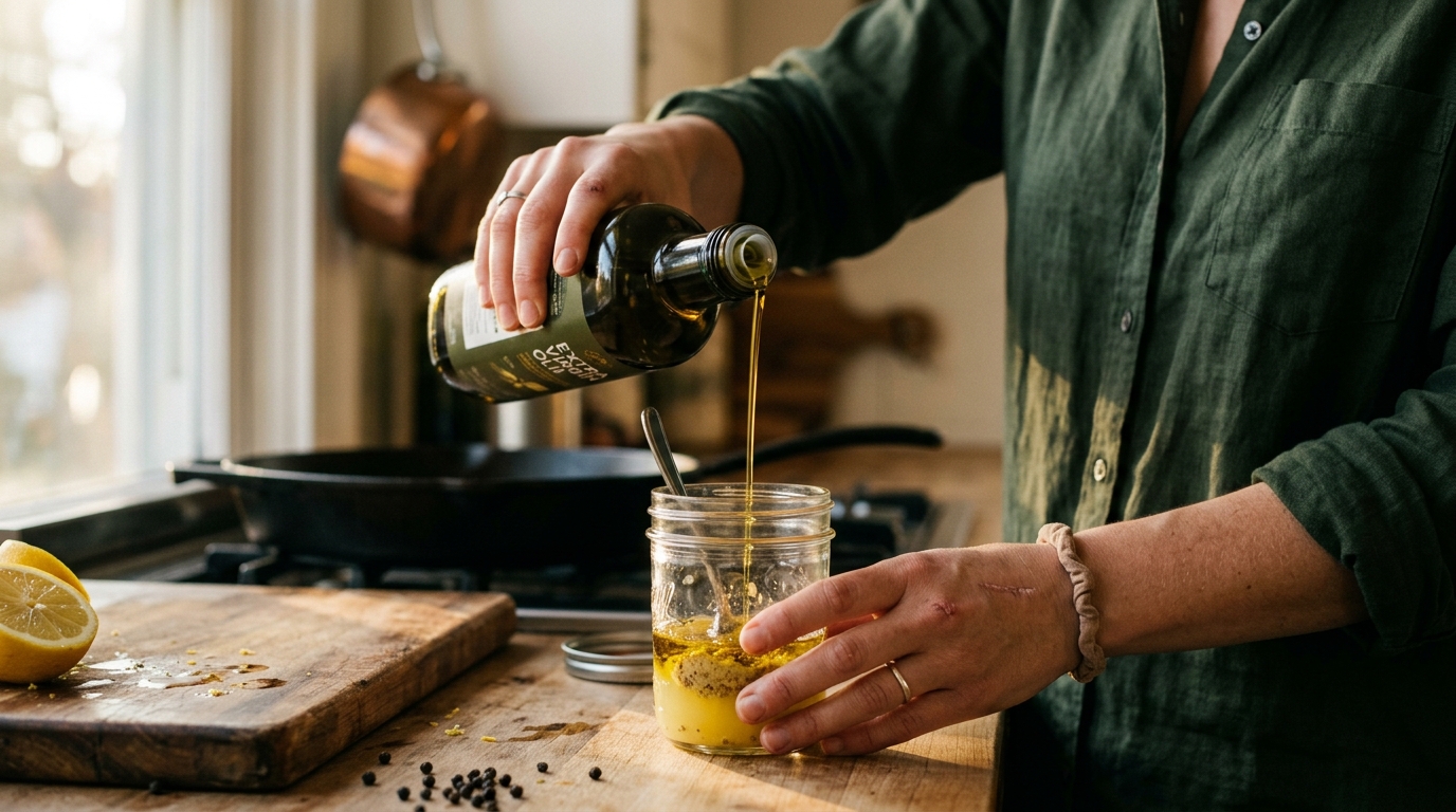 Hands pouring olive oil into a jar of homemade dressing