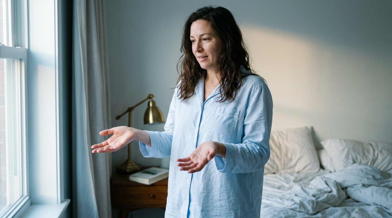 Woman testing her hands by a window in morning light