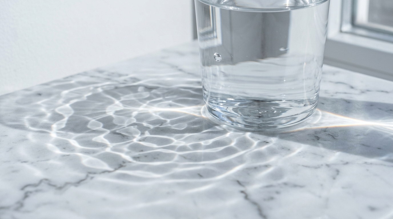 Light refracting through a glass of water onto marble surface