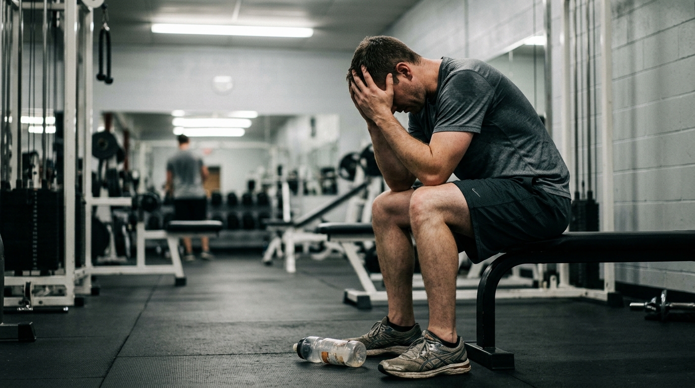 exhausted man sitting on gym bench looking defeated