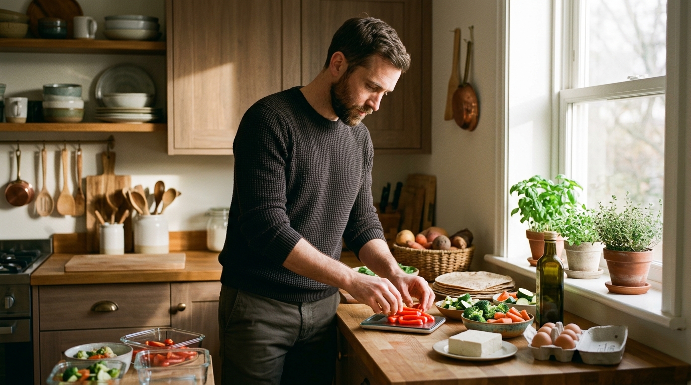 man preparing healthy meal in bright kitchen