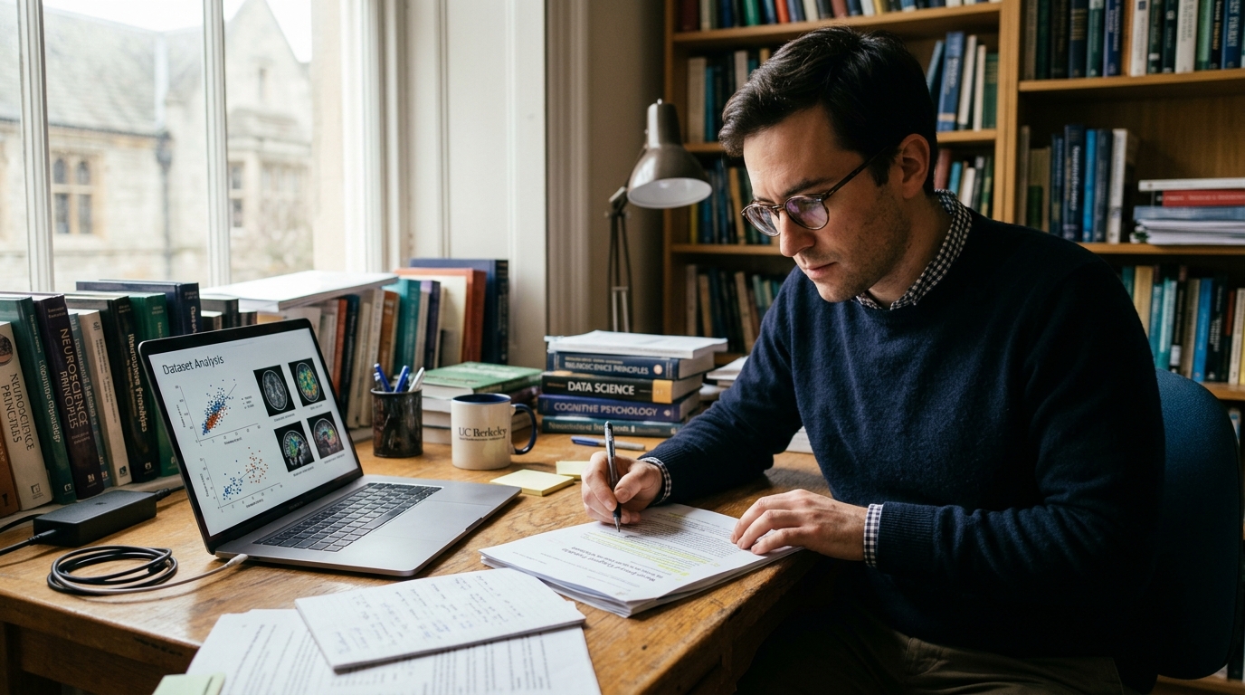 man reading scientific research at wooden desk