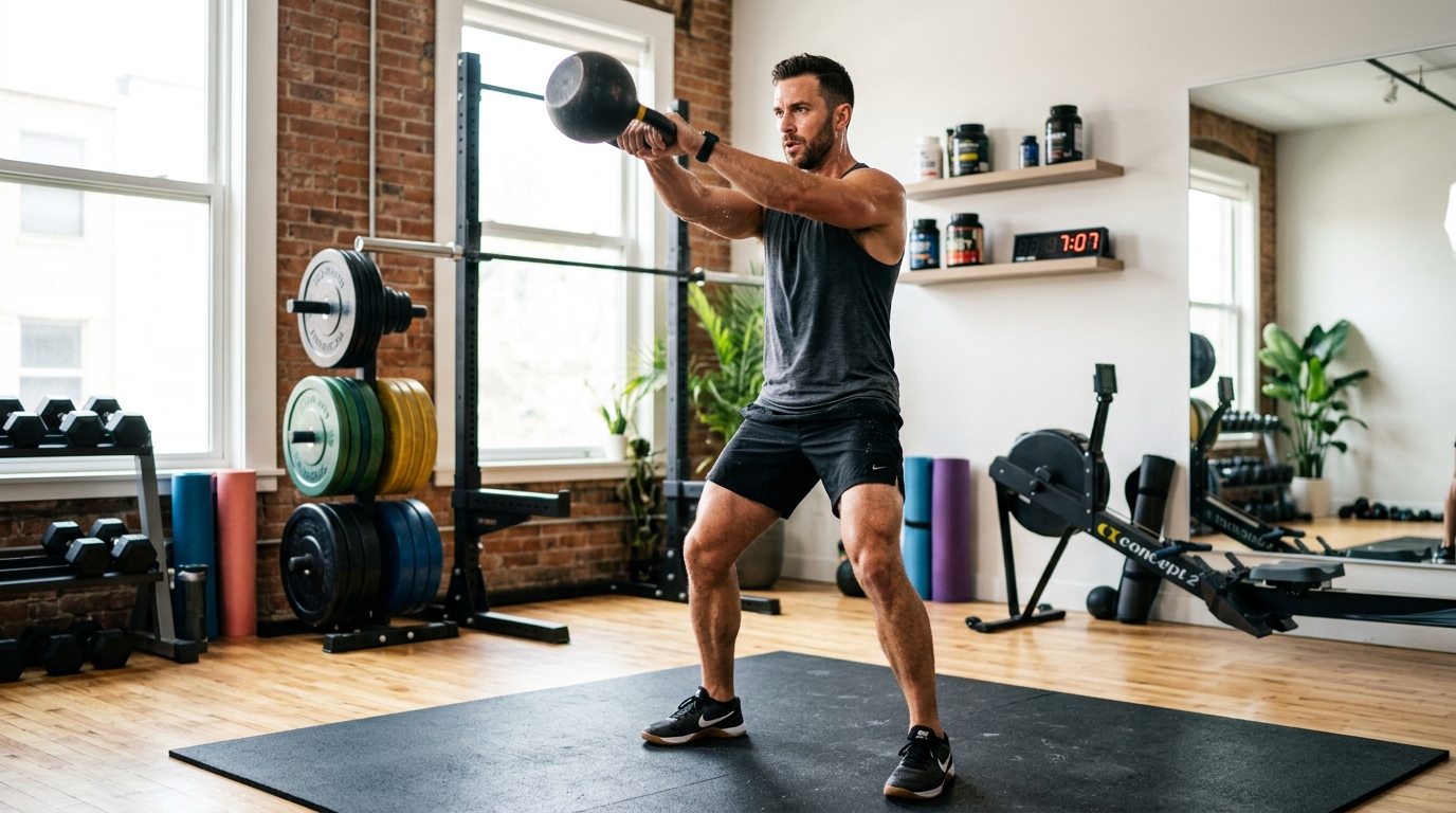 energetic man performing kettlebell exercise at home
