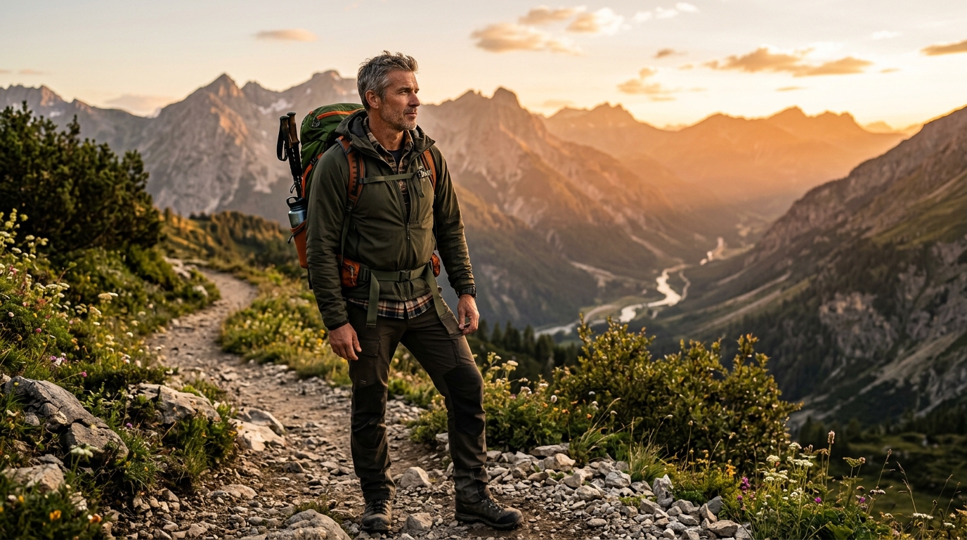 confident mature man on mountain hiking trail