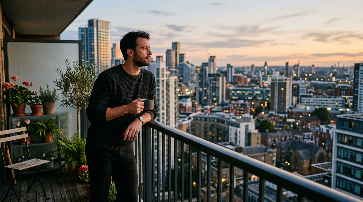 contemplative man on balcony overlooking city lights