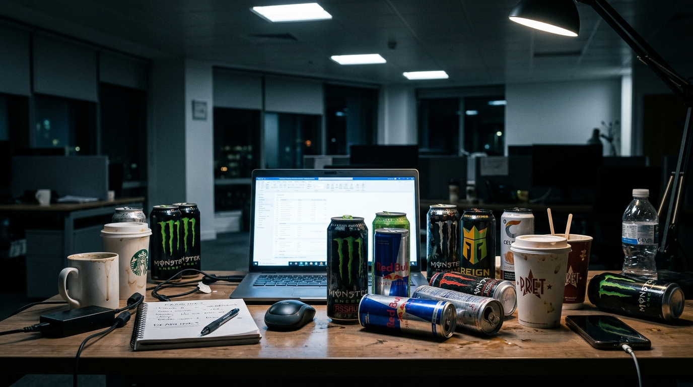 scattered coffee cups and energy drinks on office desk