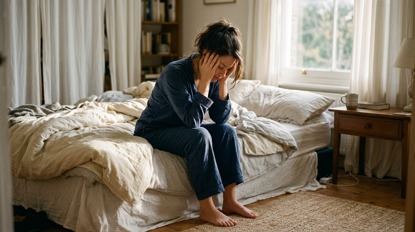 exhausted woman sitting on bed unable to rest