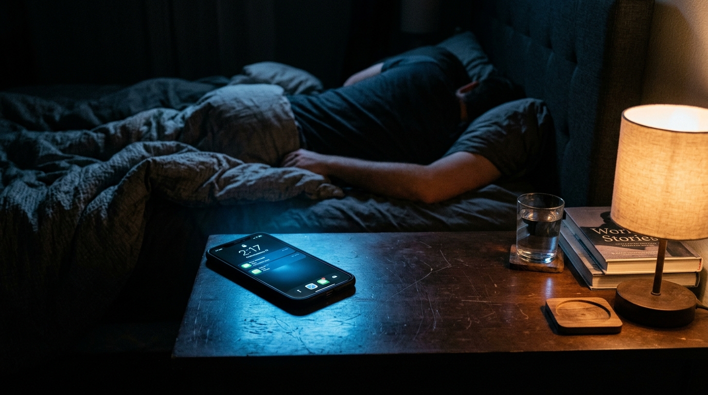 glowing phone on bedside table at night