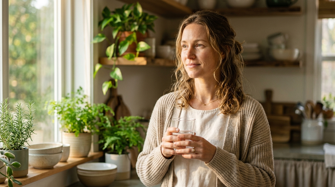 woman in morning kitchen light embracing healthy routines