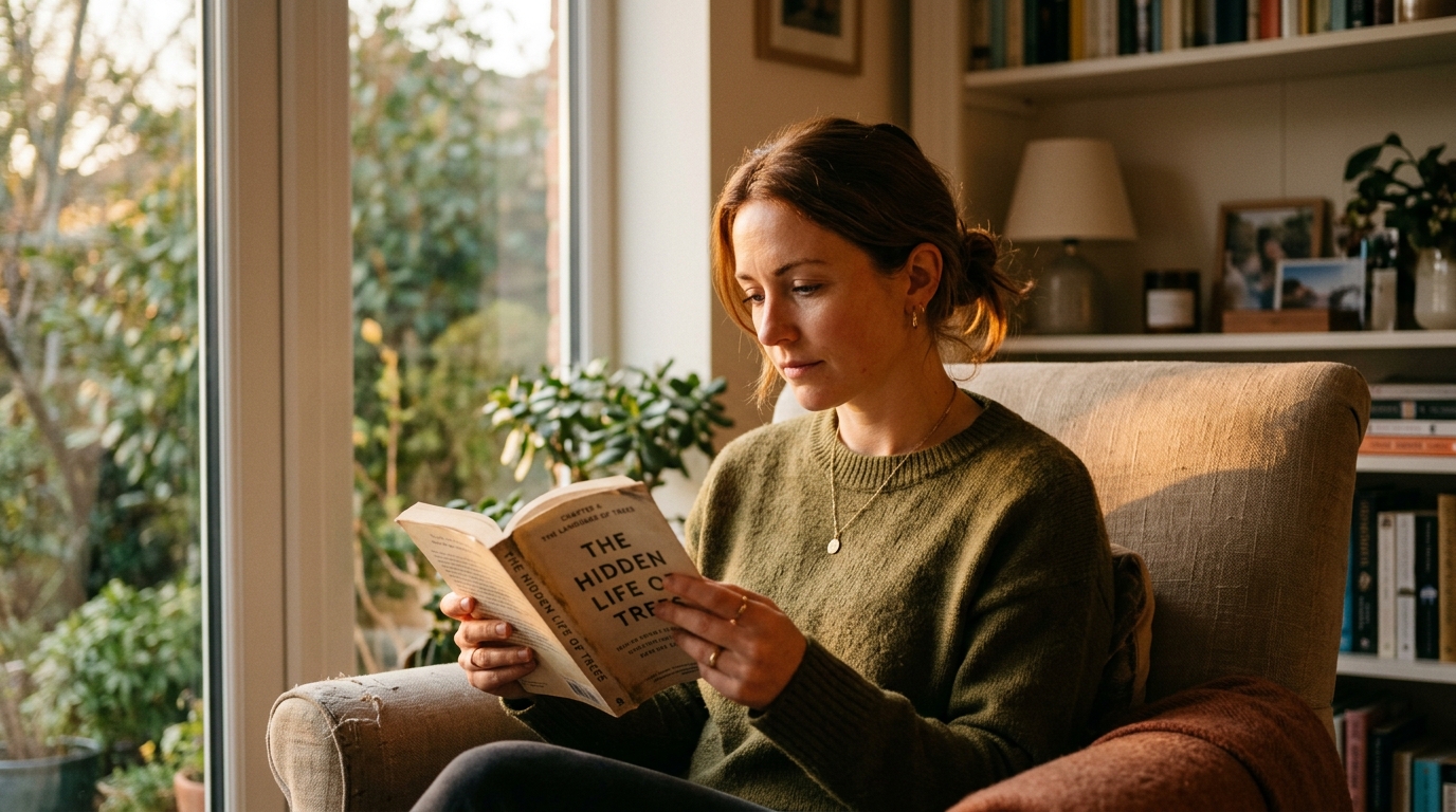 woman reading peacefully in warm evening light