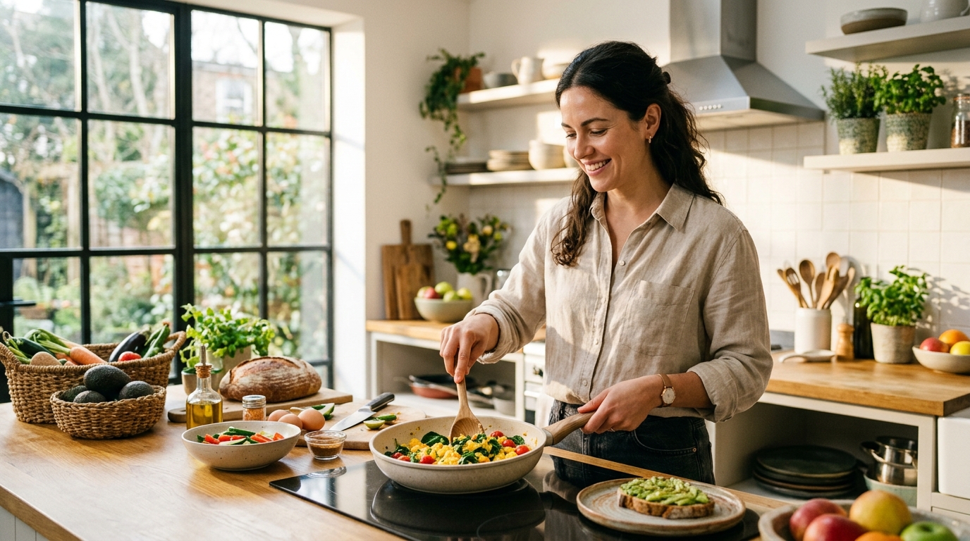 confident woman preparing healthy breakfast with renewed energy