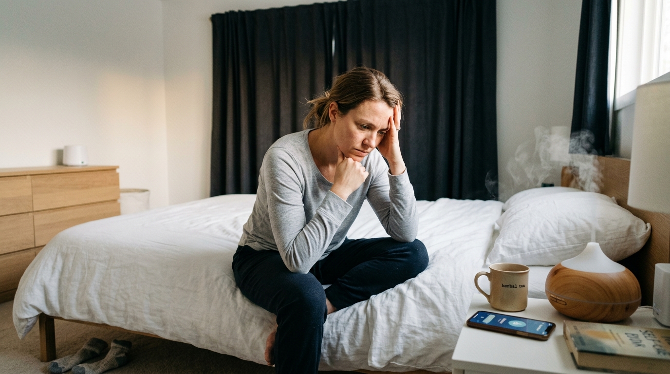 woman surrounded by sleep hygiene tools looking frustrated