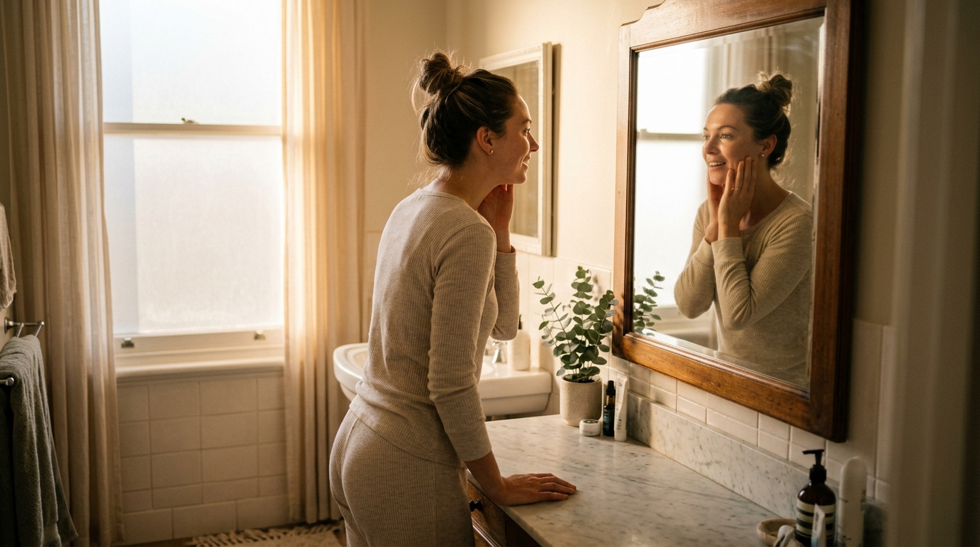 woman looking refreshed in morning bathroom light