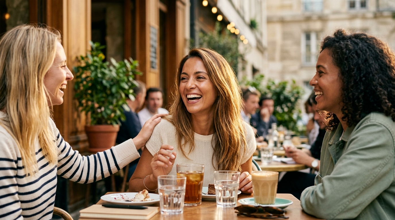 woman with radiant energy laughing with friends